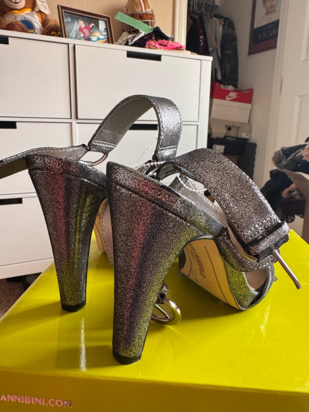 Karl Lagerfeld Silver Glitter Ankle Strap Block Heels - Picture 4 of 5